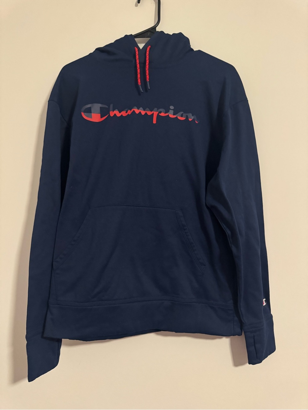 Champion Men's Navy Blue Hoodie with Red Logo Accents